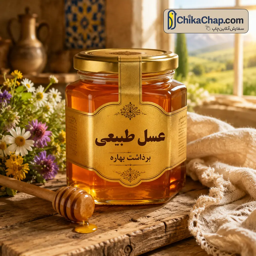 چاپ برچسب متالیک طلایی برای ظرف عسل طبیعی با طراحی لوکس فارسی